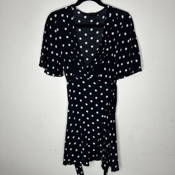 House of Harlow Black White Polka Dot Harper Wrap Mini V-neck Short Sleeve Tie L - Picture 2 of 16